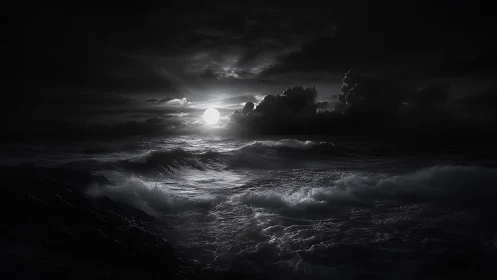 Moonlit storm waves churn beneath brooding midnight clouds.