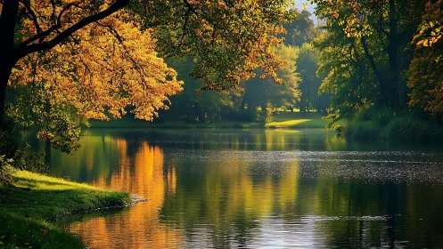 Golden autumn canopy mirrored on a tranquil woodland river.