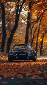 Classic roadster on leaf-covered forest lane with shallow depth of field