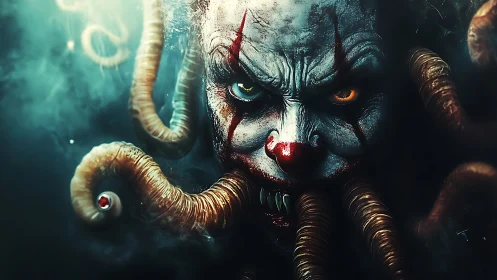 Clown-like humanoid merges with tentacled biomechanical forms