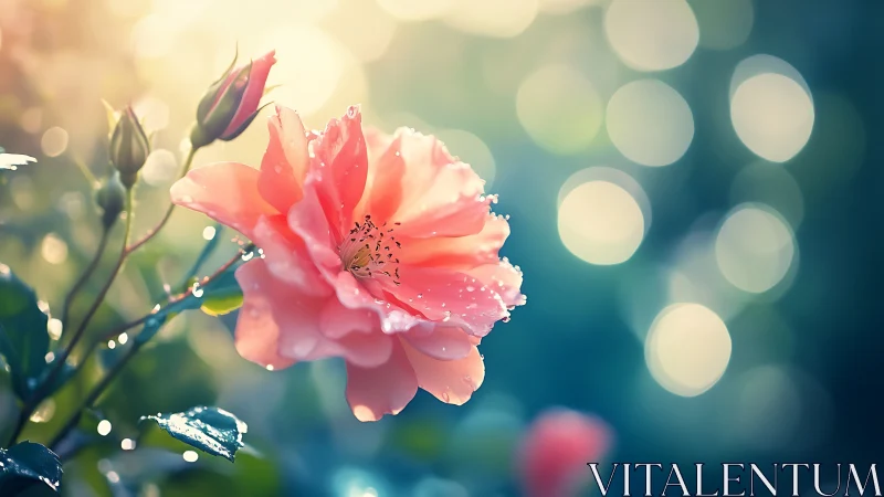 Pink Rose with Dewdrops Glowing in Soft Morning Light
