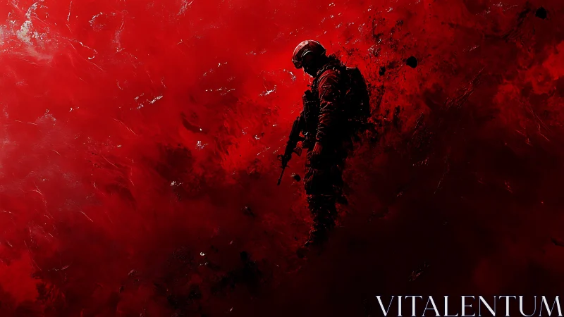 Silhouetted tactical soldier immersed in red particulate field.