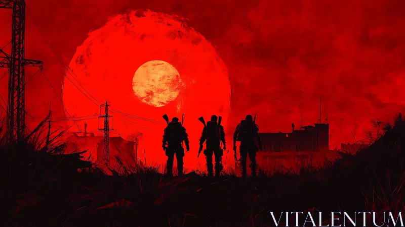 Postapocalyptic soldiers cross crimson wasteland horizon.