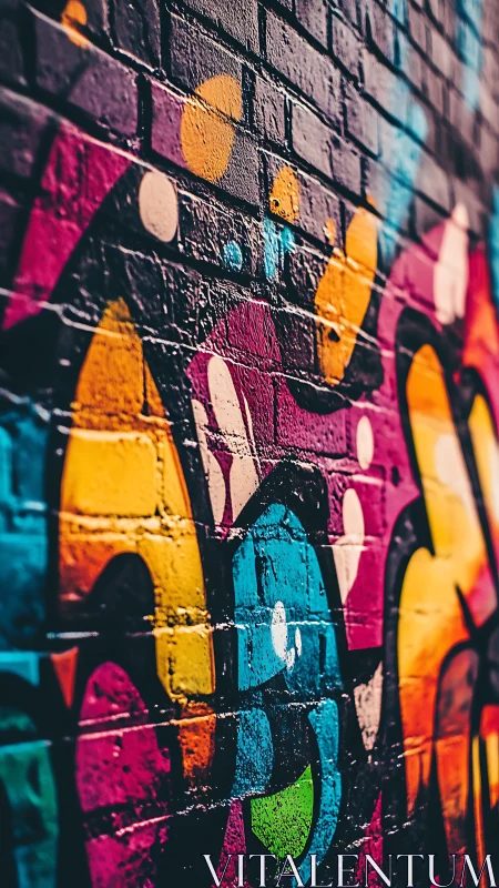 Color-splashed urban graffiti glows on textured brick wall.