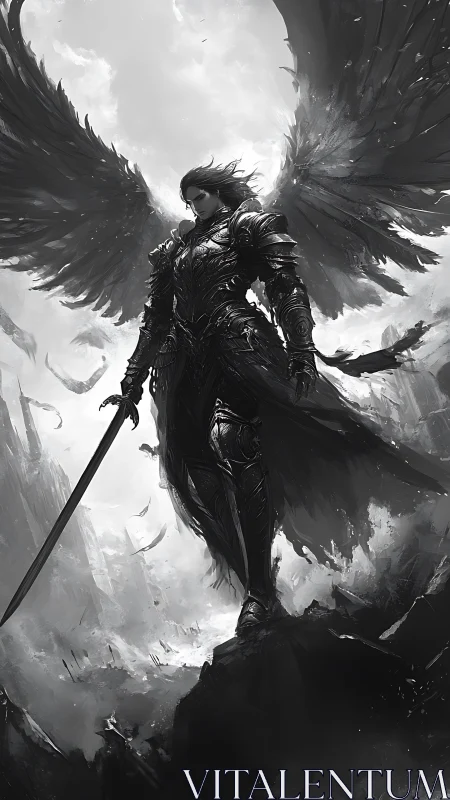 Monochrome winged knight in ornate plate armor surveys shattered sky