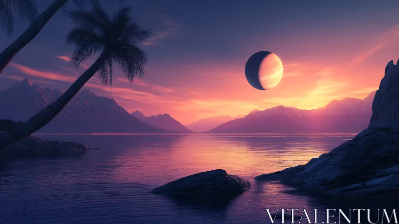 Bicolor crescent planet over neon-lit tropical fjord at dusk.