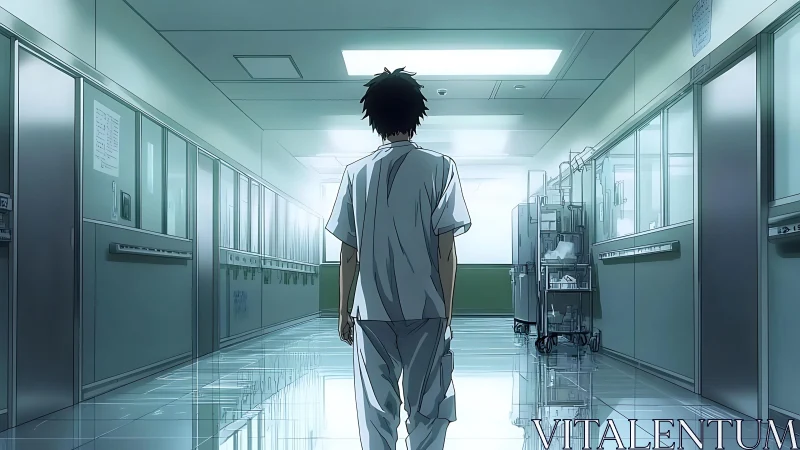 Solitary figure in hospital corridor under fluorescent lighting.