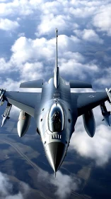 Steel-winged jet knifes through cloud corridors in formation.