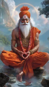 Serene sage in orange robes quietly meditates by misty water