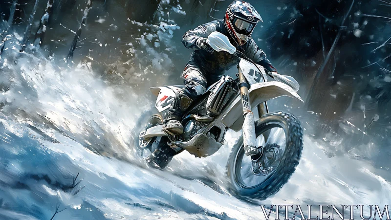 Snow-slashed forest bends as the dirt bike carves frozen thunder
