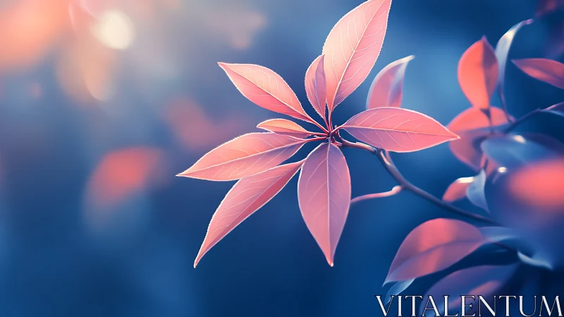 Soft Pink Leaves on Branch in Dreamy Blue Artistic Light.