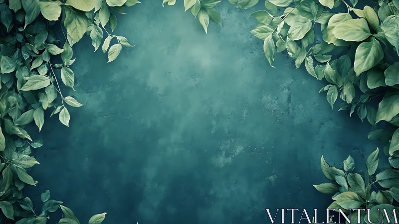 Green foliage border frames textured teal background space