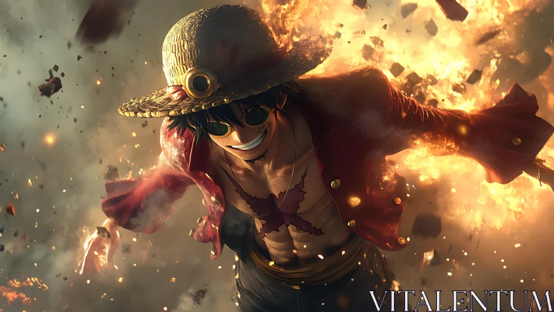 Straw-hatted combatant in explosive high-energy mid-charge.