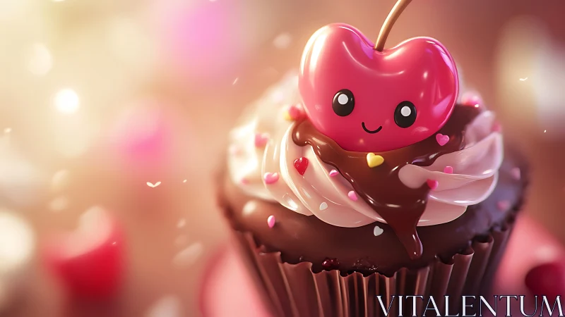 Whimsical Cherry Character Atop Chocolate Cupcake with Gradient Bokeh.