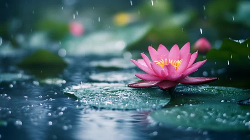 Pink water lily opens over wet lily pads in gentle rain