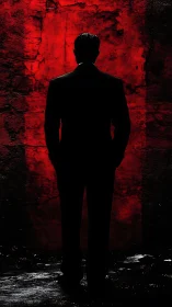 Mysterious suited figure stands calmly before a red lit wall