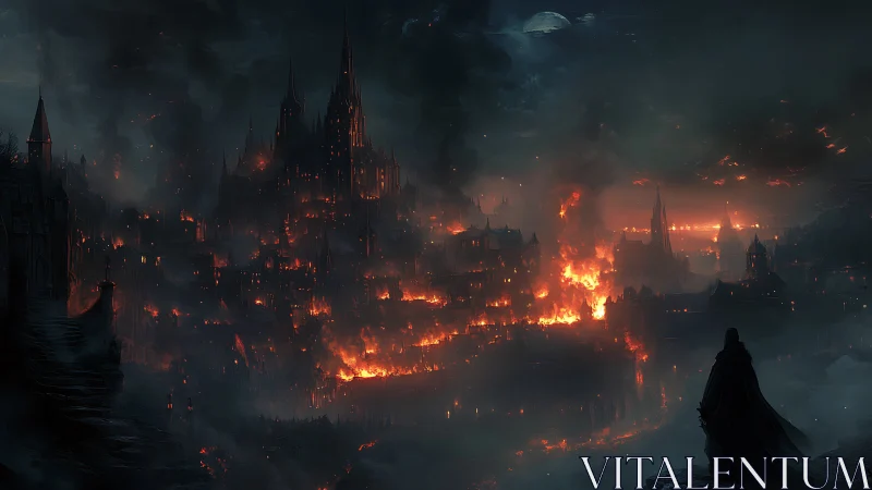 Burning gothic citadel under stormlit moonlit skies.