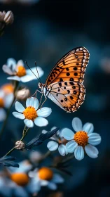 Orange butterfly rests on white wildflowers in sharp focus