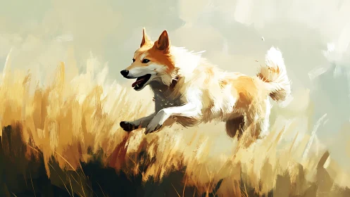 Energetic dog leaps through golden grass under soft sky