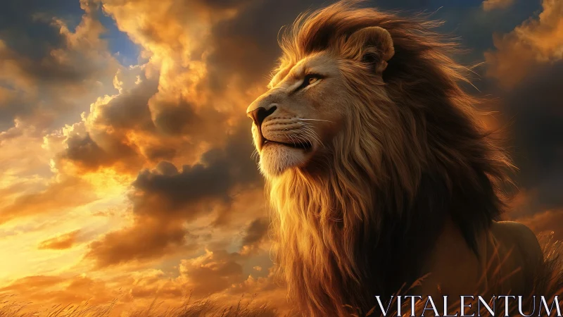 Lion portrait glows under stormlit golden sunset sky