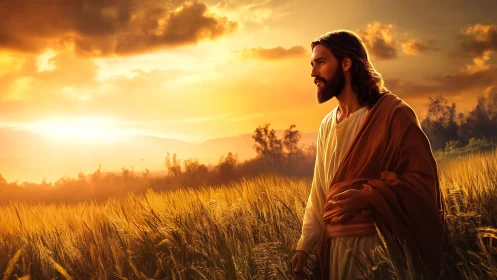 Religious figure in wheat field at sunset under cloudy sky.