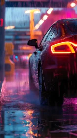 Sleek car in neon city rain with glowing rear lights.