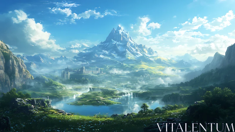 Epic fantasy valley landscape with luminous mountain citadel.
