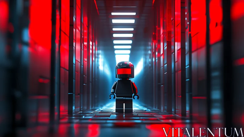 Lone LEGO figure patrols neon red sci-fi corridor at night.