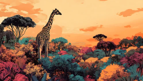Digital painting of giraffe above chromatic savanna canopy.