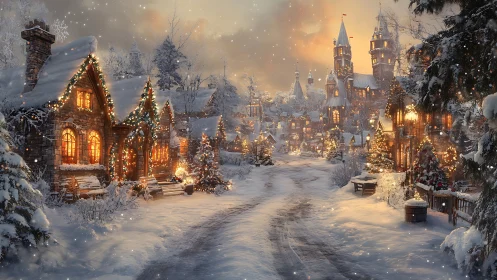 Snowy Christmas village street with warm glowing lights.