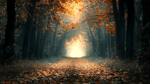 Forest Path with Autumn Canopy and Warm Light.