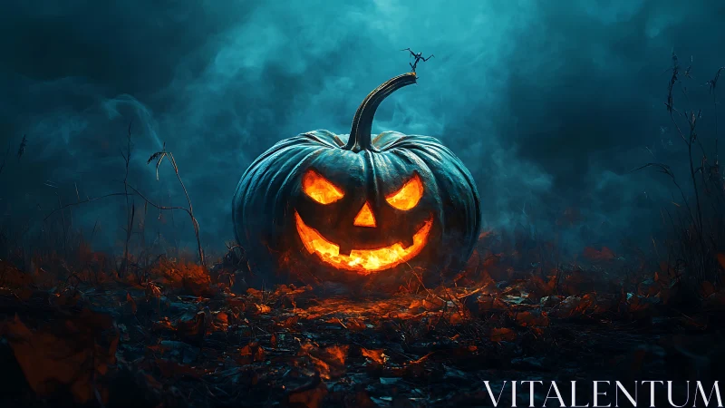 Glowing jack-o-lantern rests in a foggy outdoor clearing