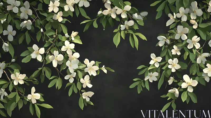 Cascading White Floral Branches Against Dark Negative Space.