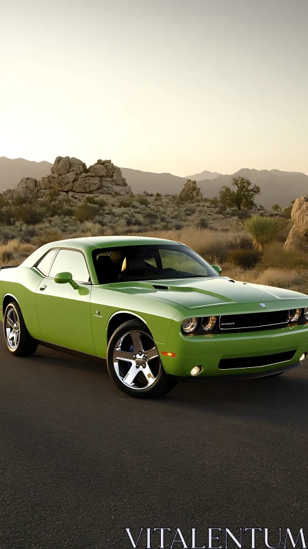 Lime green muscle car glows on a desert highway at dusk.