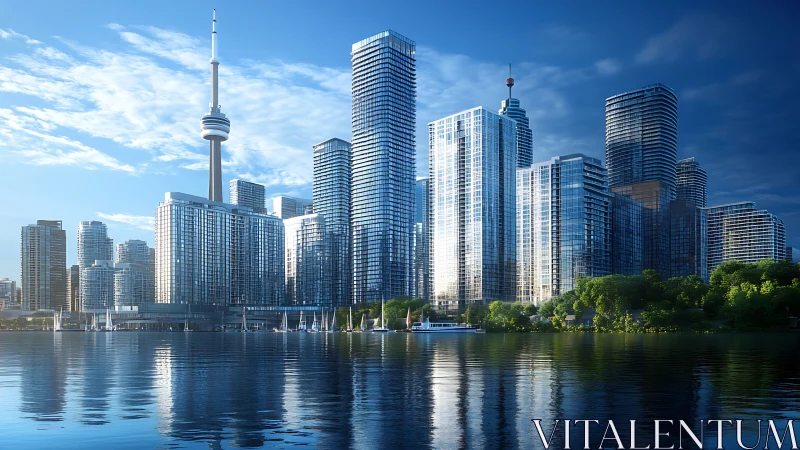 Waterfront skyline with reflective glass towers at sunrise.