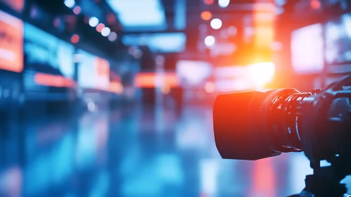 Studio cinema lens in neon-lit broadcast production space.