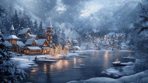 Snowlit lakeside village wrapped in cozy winter magic.