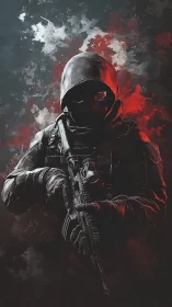 Hooded armed figure stands against red and gray backdrop