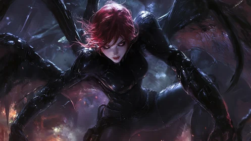 Crimson winged huntress poised in stormlit cyber-ruin.