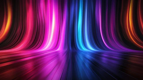 Digital painting of neon light curtains over reflective floor.