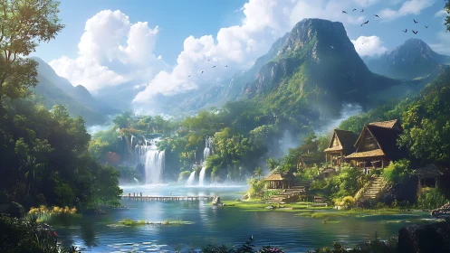 Mountain village beside bright lake with dense waterfalls.