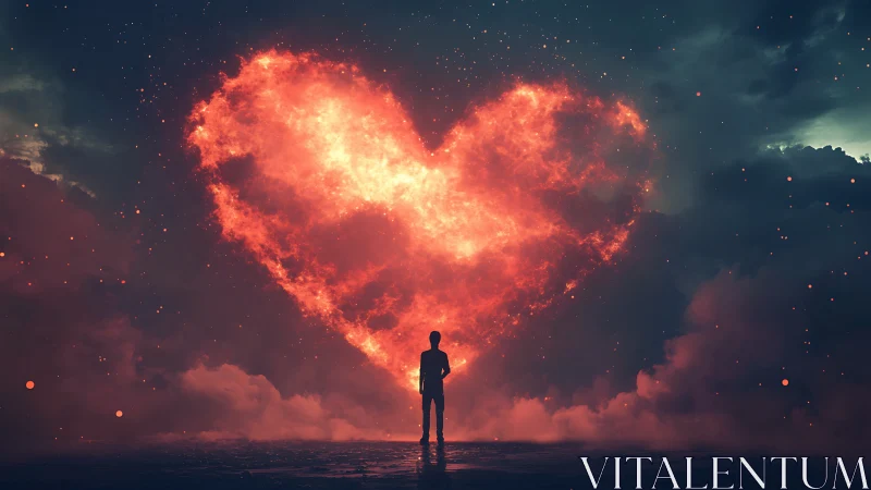 Silhouetted figure confronts incandescent heart formation amid nocturnal cosmos