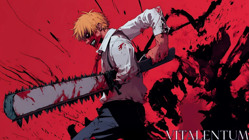 Blood-soaked chainsaw warrior slashes through crimson void.