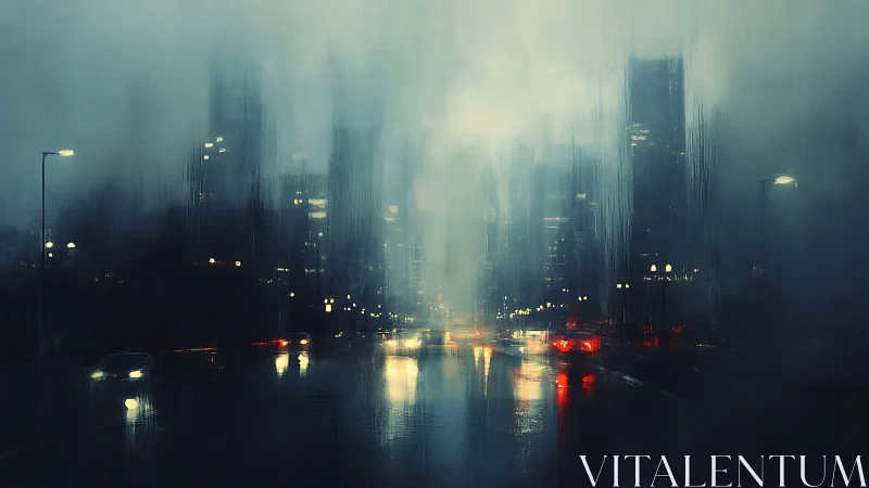 Rain-soaked urban street with diffuse headlights at night.