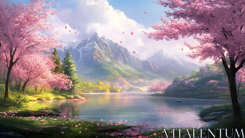 Serene cherry blossom valley encircles a tranquil mountain lake