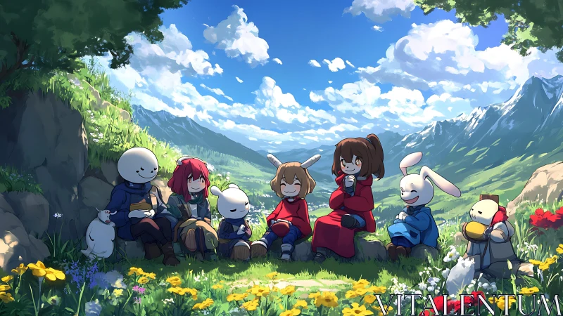 Anthropomorphic friends share pastoral picnic in vivid anime valley