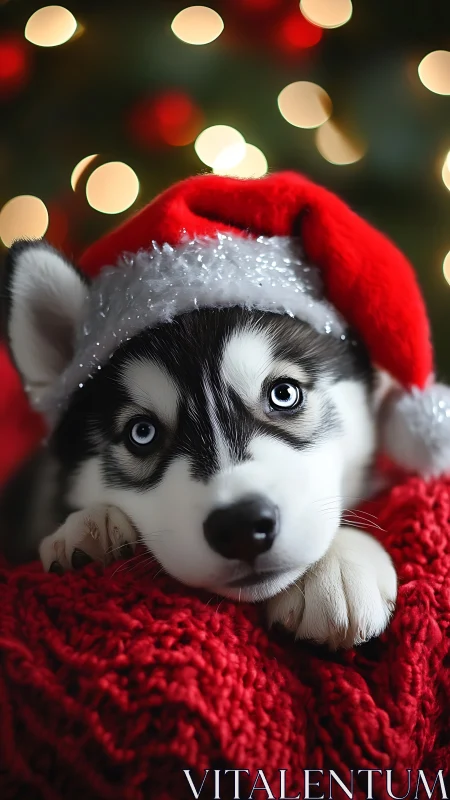 Siberian husky puppy in Santa hat with holiday lights background.