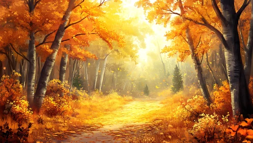Autumn Forest Path in Golden Sunlight.