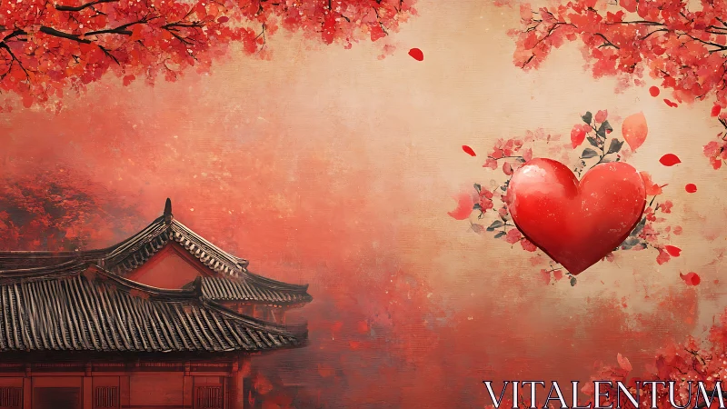 Love Blooms in Red: Asian Garden Heart with Falling Petals