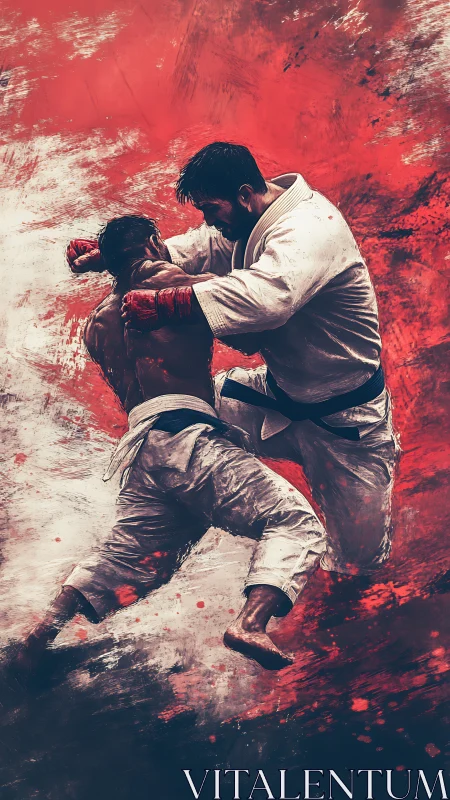 Martial artists clash midair against explosive red backdrop